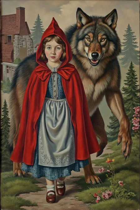 sspencer1 painting.
Little Red Ridding Hood walking alongside the Big Bad Wolf. 
 <lora:sspencer1_cap_d6a3:1.0><lora:832134202892772860:0>