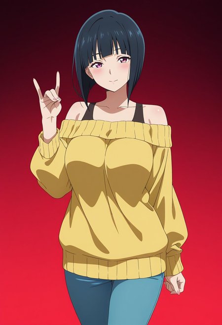 masterpiece, best quality, amazing quality, anime coloring, anime screencap, 1girl, mature female, inverted bob, black hair, blunt bangs, cowboy shot,  BREAK  simple background,  dynamic pose gradient background,  red  background  off-shoulder sweater,     fox shadow puppet,