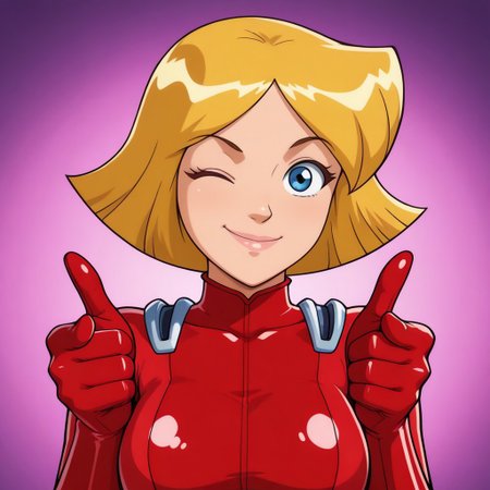 masterpiece, best quality, amazing quality, parody, official style, 1girl solo, cl0ver_totally_spies, short hair, blonde hair, blue eyes, red bodysuit, large breasts, sexy, beautiful, detailed, high detailed, very beautiful, detailed face, detailed eyes, detailed hand, abstract background, neon, smile, one eye closed, looking at viewer, double finger gun, volumetric lighting, face focus, upper view, close-up