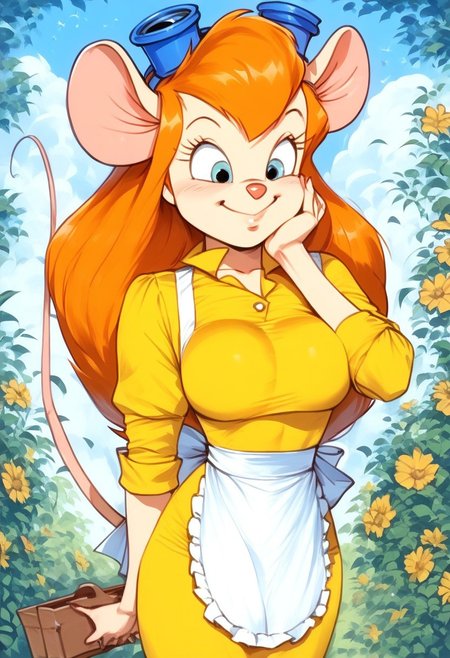 score_9, score_8_up, score_7_up,    
, masterpiece, beautiful,
1girl, solo, gadget, mouse tail, ginger hair, long sleeves, dress, apron, white apron,  yellow dress, large breast, one hand on cheek, happy, smile, closed mouth,  <lora:Art_Style_of_Pandoras_Box:1> as_pbx, graphite_(medium), traditional_media,