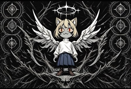 score_9, score_8_up, score_7_up, score_6_up, score_5_up, score_4_up, rating_safe,necoarc,blonde hair, red eyes, slit pupils, cat ears, :3, chibi,turtleneck, white shirt, blue skirt, pleated skirt, pantyhose, brown footwear,greyscale, monochrome, limited palette, horror (theme),angel wings,halo,abyss,hell