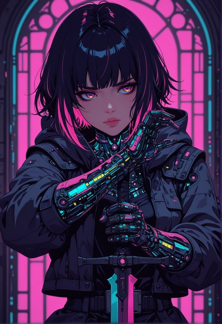 <lora:ck-shadow-circuit-IL:0.65>, 
masterpiece, best quality, good quality, very aesthetic, absurdres, newest, 8K, depth of field, focused subject, vivid color, deep colors, dramatic lighting, intricate details, thick contours, volumetric shadows, Expressiveh,1 girl, solo, Holding a sword,rage, neon color hair, standing, stance,
in a cyberpunk church, dynamic side angle, sexy, upper body, 
 <lora:MoriiMee_Gothic_Niji_Style_Illustrious_r1:0.50> 
<lora:ck-nc-cyberpunk-IL-000011:0.6>
timewarp, warphole, nistyle Incorporate dynamic lighting with glowing accents and sharp highlights, emphasizing a polished, high-tech appearance. Backgrounds should feature bold, geometric patterns or abstract digital elements, such as grids, streaking lines, creating a sense of motion and energy. Surfaces should appear reflective or metallic, with fine attention to detail in textures and shadows. The composition should feel cinematic and intense, with a focus on clean, precise lines and a sense of technological sophistication
 <lora:ck-neon-retrowave-IL:0.2>