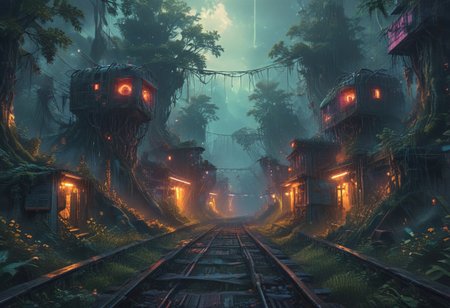 "You're a passenger travelling first class on a train without a roof. This current portion of the journey, the , gaining altitude to eventually arrive at the mountain pass off in the distance. Looking straight ahead, you see that the tracks are flanked on either side by towering forest. The canopy of the forest is remarkably adorned with (a network of tree-houses of neo-brutalist curved design." ((cinematic concept-art illustration, low angle, rectilinear composition)),(neon nightmare fantasy fever dream),