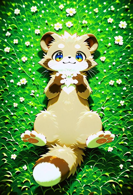 zuppu11, full body, solo, furry, score_9, score_8_up, look at viewer, male focus, raibow eyes, rainbow eyes, no humans, fractal iris, furry male, the happy-obsessed ferret lying on grass, flux-style, detailed eyes, blushing