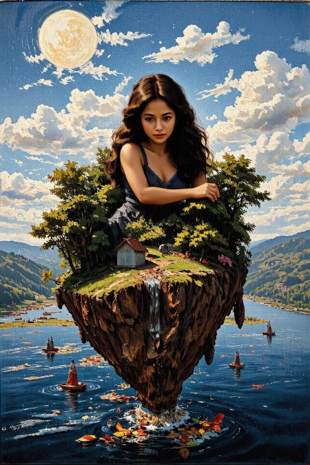 (floating island) Filipino noon, beautiful landscape, woman, intricate, very detailed, sharp, colorful, multilayer painting,  <lora:Hand v2:1> <lora:Anti-Blur:1> <lora:Insane Detail Slider:0.5>   <lora:Flux.1_Turbo_Detailer:0.6> <lora:flux-photo-transparent_Alpha_1.0:0.8> <lora:flux.1_lora_flyway_Epic-detail_v2:0.6> <lora:Painterly01b_CE_FLUX_AIT:1> pntrlyCE_style