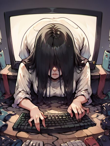 score_9, score_8_up, score_7_up, score_6_up, score_5_up, through screen, 1girl, long hair, black hair, hair over eyes, monitor, keyboard \(computer\),  <lora:throughscreenXLP:0.7>