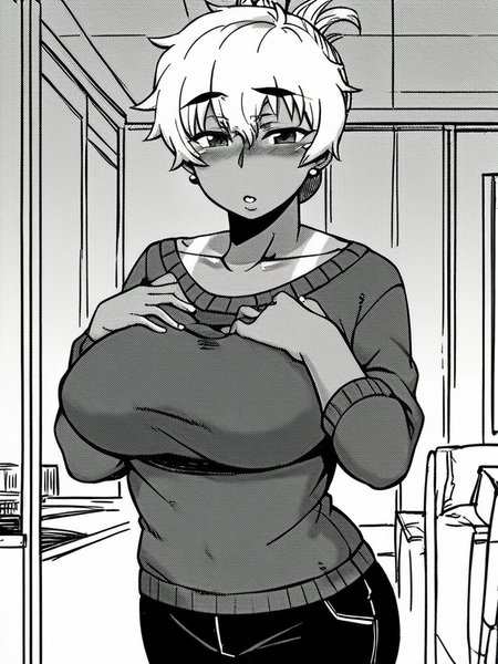 score_9, score_8_up, score_7_up,  
1girl,  monochrome, akina tk, mature female, folded ponytail, one-piece tan, large breasts, white hair,

sweater, black pants, standing, indoors, solo, hand on own chest, parted lips, narrowed eyes, blush, looking at viewer,


