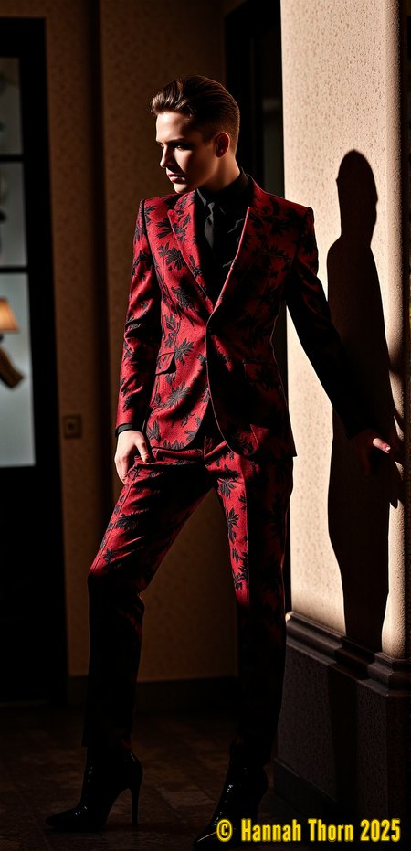 A photorealistic, low-angle monochrome shot in the style of Helmut Newton and Peter Lindbergh, featuring a sharply silhouetted figure in a richly patterned red and black high-collared suitâa gothic floral designâcentrally positioned against a blurred, warmly lit background.  Employ a high-contrast chiaroscuro effect with deep blacks and strong shadows cast upon a wall, creating a dramatic, grainy film aesthetic reminiscent of classic black and white photography.  Shallow depth of field blurs the background, emphasizing the intricate suit details and the mysterious silhouette.  The overall mood is dark, moody, elegant, and sophisticated, with the lighting accentuating the textures and patterns of the suit, evoking a captivating and mysterious atmosphere.  Incorporate subtle Art Deco influences in the suit's pattern. <lora:_Flux\_Photographer\Helmut_Newton-000001.safetensors:0.8:0.8>