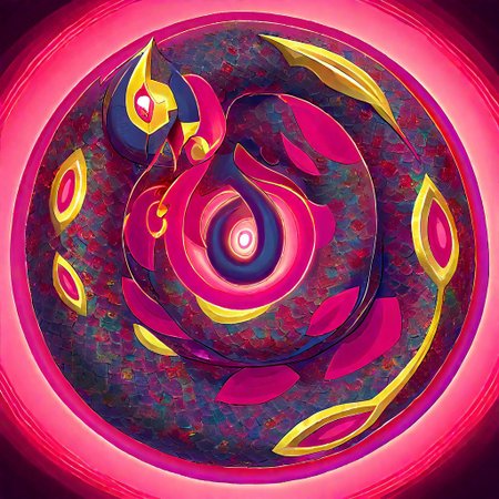 colored Mandala style, medium stylized pattern, (deep_purple, black, red, gold),Seviper, serpentine, vertical_figure_eight_pattern, intricate_design, symmetrical, traditional_mandala,  ()glowing_golden_elements), luminous, mystical, highly_detailed, intricate_scales, geometric_patterns, harmonious_composition, masterpiece, balanced, precise, artistic, reverence, Pokémon