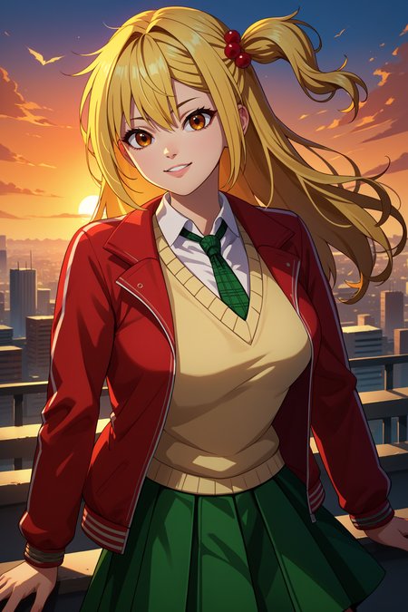 score_9, score_8_up, score_7_up, score_6_up, source_anime, 1girl, solo,  <lora:yuriamagake-pdxl-nvwls-v1-000004:1> amayr, blonde hair, long hair, one side up, brown eyes, yellow sweater vest, green necktie, red jacket, green skirt, pleated skirt, breasts, looking at you, sunset, city, happy, arms at sides, upper body