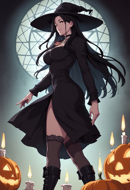 safe_pos, safe_pos, score_9, score_8_up, score_7_up, score_6, ultra detailed, side view, whr0b1n
BREAK
A witch in a long black dress stands by a altar in the forest. her long hair catches the night breeze moving through the ancient forest. magic bats fly in the air. a pentagram glows on the ground below her. she places a skull gently on a stone altar. candles and crystals cover the altar.
BREAK
 minomi, one beautiful girl, yen_w3, mature female, femme fatal, milf, perfect hands, brown eyes, long black hair, pentagram necklace, black thighhighs, lace thighhighs, thick, curvy, reij-bewitched, black dress, black choker, black boots, black stockings, black hat, pumpkins, glowing jack_o_lantern,