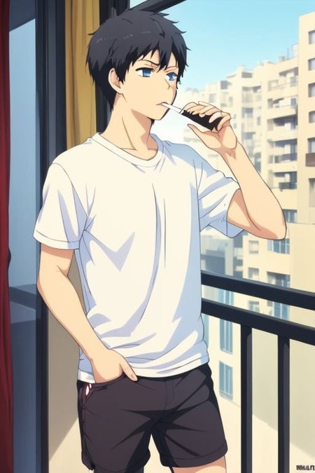 high resolution, solo, best quality, 1Boy, Arata Kaizaki, Portrait, Black Hair, Blue Eyes, home balcony, morning, cigarette, coffee, t-shirt, shorts, looking away, OverallDetail