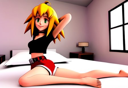 Duplicate seed image with the following changes: Roll crossing her legs at the ankles, 
BREAK: 1girl, solo female, Roll Caskett (mega man), <lora:roll_caskett:1>, blonde hair, green eyes, long messy hair with pointed bangs, long side locks and center part hair, black choker, medium breasts, athletic petite female body, cropped t-shirt tanktop, red short-shorts with black belt, barefoot, smooth soles, pretty feet, laying prone on bed with crossed ankles and feet up behind head, smiling at viewer, affection for green fly;
bedroom, green bottlefly,
megaman legends anime style, 3D,
NEGATIVE_HANDS, bad_prompt_version2, ng_deepnegative_v1_75t, NegfeetV2, Perfect Hands, charturnerv2, Perfect feet;