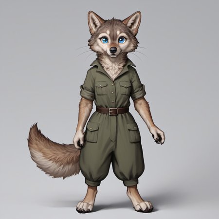 score_9, score_8_up, score_7_up, source_furry, detailed face, detailed eyes, incredible detail BREAK 1girl, solo, anthro, wide shot (furry female, wolf, light brown fur, monotone fur, light blue eyes,slightly wide hips, small breasts), black nose, whiskers, ear flop, solo, looking at viewer, FurryDalle, cartoon, toony, full body, hunter outfit, archer outfit, shy pose