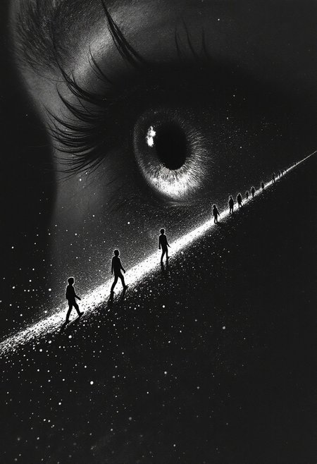 A hyper-detailed,  black and white, muted artwork using precise, microscopic strokes and dense, textured linework to create an overwhelming sense of complexity. [In an extreme close-up, Henry’s eye reflects a tiny shadow puppet procession crossing a narrow thread of light. The camera pulls back to reveal the puppets marching along a precarious line cast by a ray of sunlight, their shapes flickering as though resisting the brightness]. The rendering pushes extreme contrasts, layering heavy blacks and intricate stippling to create deep, tactile textures and unsettling depth. Figures are grotesquely distorted and unnervingly exaggerated, with harsh, exaggerated features that defy symmetry or natural beauty. The aggressive use of line weight and chaotic gradients adds visual tension, making the image feel alive, oppressive, and raw with emotional intensity.