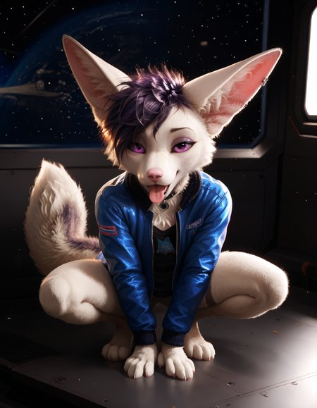 score_9, score_8_up, score_7_up, BREAK rating_safe,  detailed, cinematic lighting, hdr, particles, masterpiece, best quality, ultra realistic, 4k, 2k, film photography, RAW photo, photorealistic, analog style, subsurface scattering, photorealism, fluffy fur, detailed fur, <lora:add-detail-xl:3.0>, <lora:2.5DRealisticV2.safetensors:0.25>, <lora:sinfully_stylish_SDXL.safetensors:1.0>,  <lora:AdvancedEnhancerXLv2.safetensors:1.0>, dutch angle, (space station, the orbital station, detailed background:1.1), <lora:Adra_Tiddles.safetensors:0.9> adra_tiddles, anthro, 1girl, clothing, solo, furry female, furry, mammal, body fur, topwear, fur, animal ears, open mouth, tongue, hi res, hair, clothed, tail, piercing, short hair, fox, ear piercing, animal nose, black jacket, looking at viewer, half-closed eyes, open jacket, upper body squatting, three-quarter view, full-length portrait, looking away, hands between legs, 80's theme