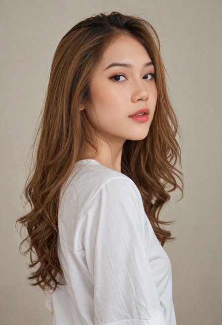 masterpiece, best quality, amazing quality, film grain,(beautiful indonesian woman, ulzzang-6500-v1.1),  (photorealistic:1.4), 1girl,dynamic view, shy, arched back, white shirt, (brown messy long hair:1), border light, depth of field, looking at viewer, standing, looking at viewer