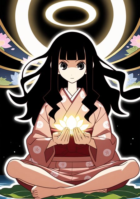 masterpiece, best quality, absurdres, perfect lighting,shiny skin,<lora:spo_sdxl_10ep_4k-data_lora_webui:0.6>,1girl,itoshiki_rin,long hair, black hair,wavy hair, blunt bangs,black eyes,<lora:itoshiki_rin:0.9>,japanese clothes,flower,traditional japanese art,indian style, black background, glowing,glowing hair, sitting, lotus, lotus leaf, zazen,water,meditation,looking at viewer,halo,official art, anime coloring, sayonara zetsubou sensei,