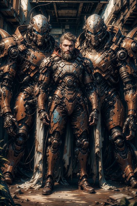(masterpiece:1.1), (best quality:1.1), (vibrant colors:1.2), BREAK, 
(futuristic:1.1), (surreal:1.1), (vintage:1.0), BREAK, 
(solo:1.2), (dynamic pose:1.0), (full body:1.0), (rugged old man:1.2), (beard:1.1), (robot:1.1), (mechanical parts:1.1), (torn clothes:1.1), (rusty:1.0), (tired:1.0), (exhausted:1.0), (dirty:1.0), <lora:dark_style:0.7>, <lora:Clothing - Rusty Armor:0.6>,