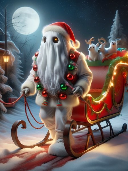 ral-santasleigh, a photorealistic ghost decorated and pulling Santas sleigh, the ghost is adorned with a festive colorful harness <lora:ral-santasleigh-sdxl:1>