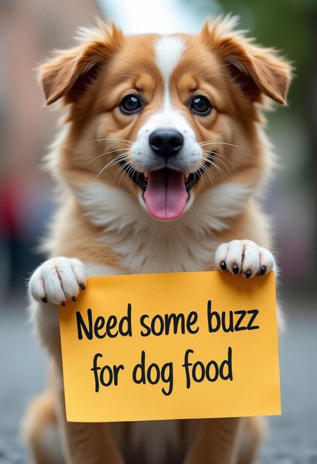 cute dog  holding a sign say "need some buzz for dog food"