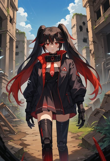 score_9, score_8_up, source_anime, 1girl, solo, LuciaBase, long hair, twintails, streaked hair, gradient hair, headgear, fake horns, black collar, red necktie, black jacket, black uniform, black skirt, mechanical arms, mechanical legs, outdoors, ruins, <lora:ChamLuciaPlumePonyXL:1>