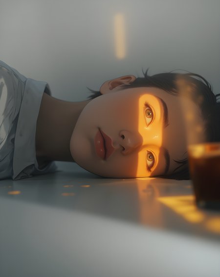 The scene is bathed in a soft, golden glow that casts an ethereal light across the subject's face. The warm illumination seems to emanate from behind them, creating a radiant halo effect that highlights their features with gentle precision. Their head rests against a smooth surface, suggesting a moment of stillness or contemplation. The light filters through their hair, which appears fine and delicate, adding texture to the otherwise serene composition.
Their eyes are open, gazing directly into the camera with an expression that feels both introspective and calm. The warmth of the light accentuates the contours of their face, casting subtle shadows that add depth and dimension. The glow illuminates their skin softly, giving it a luminous quality that enhances the overall sense of tranquility.
The background is minimalistic, almost monochromatic, allowing the focus to remain entirely on the subject. The simplicity of the setting emphasizes the intimate and peaceful nature of the moment. The interplay between light and shadow creates a harmonious balance, evoking a feeling of quiet reflection and inner peace. It is as though time has paused, capturing a fleeting instant where the subject is at ease, basking in the gentle embrace of the golden light., <lora:FLUX\jul\J_Anime:0.7>, <lora:FLUX\RealAnime:0.7>