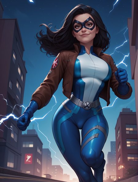 score_9, score_8_up, score_7_up,score_6_up, score_5_up, score_4_up , 1girl, solo, 
large breasts,
dreamerdg,
long hair, brown eyes, black hair,
blue bodysuit, blue gloves, superhero, domino mask, 
looking at viewer, 
running, 
electricity, 
looking to the side, 
smirk, 
 small bulge,
from below, 
city, night, closed mouth, 
bomber jacket, brown jacket,
<lora:Dreamer DG PonyXL V1-000002:1>