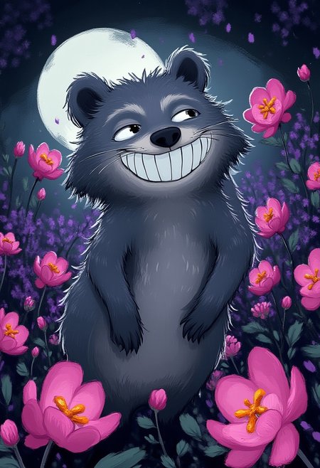 A whimsical illustration of a chubby raccoon with enormous grin in dark whimsical art style, showing all teeth in gleaming smile, standing among pink peonies and purple irises, digital painting with expressive brushstrokes showing happy crinkled eyes, moonlit garden background, characteristic Tim Burton inspired design with delighted sparkling eyes
