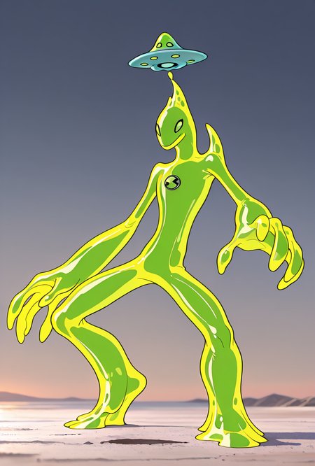 <lora:goop-09:1> goop, solo, no humans, male focus, colorful skin, pokemon (creature), slime (substance), translucent character, transparent skin, floating small  ufo on head, dynamic pose, stretchy limbs, colorful slime, massive hands, 
hole in body, smiling, orange slices, fruit hat, african fruit hat,, masterpiece, best quality, amazing quality, very aesthetic, absurdres, newest,