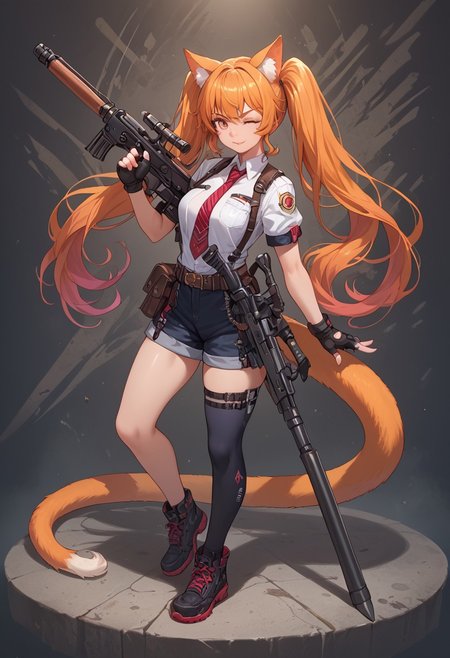 1girl, solo, weapon, tail, solo, animal ears, fingerless gloves, long hair, one eye closed, necktie, twintails, full body, michelle strinova, 
score_9, score_8_up, score_7_up,highest detail, highest quality, detailed background, vivid colors,