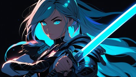 sword focus, masterpiece, best quality, 1girl, solo, futuristic, holding sword, intricate, over the shoulder, looking at viewer, black background, simple background, glow in the dark, sci-fi, multicolored hair, aqua eyes, warrior
