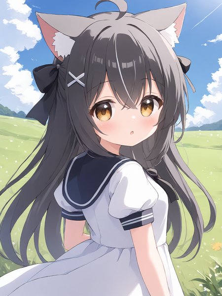 1girl,animal ears,dress,cat ears,solo,tail,white dress,long hair,sailor dress,cat tail,sailor collar,short sleeves,black sailor collar,multicolored hair,cat girl,bow,hair bow,looking at viewer,blush,puffy sleeves,outdoors,puffy short sleeves,hair ornament,animal ear fluff,x hair ornament,streaked hair,very long hair,bangs,black hair,sky,brown eyes,black bow,hair between eyes,cloud,looking to the side,white hair,grey hair,one side up,<lora:Animation illustration style supplementary model-SDXL-Lora-2024.12.30-version1-000043:0.6>,