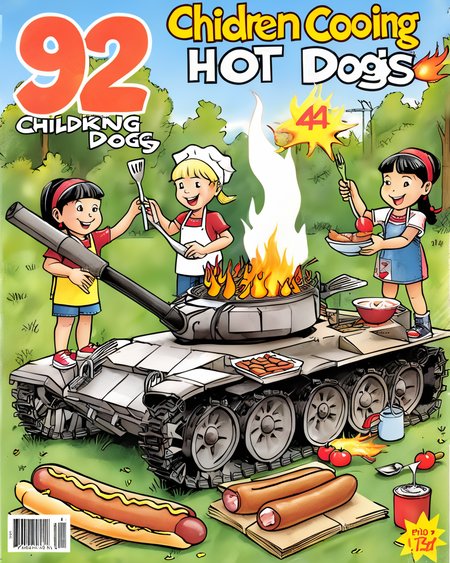 a magazine cover of children cooking hot dogs on a (miniature) burning vtnktnk tank <lora:vtnktnk_SDXL_v1_32-000015:1>  <lora:retr0magz_SDXL_v1_32:0.4> <lora:M0nstrcrz_SDXL_v1_32:0.4>