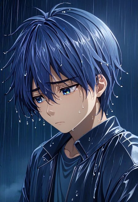high resolution, solo, best quality, 1Boy, Tomoya Okazaki, Grey Blue Hair, heavy rain, night, looking down, sad, leather jacket, looking away, wet, wet hair, OverallDetail
