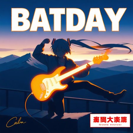 1girl, solo, hatsune miku, 
guitar, instrument, fire, album cover, flaming effects, electric guitar, parody, mountainous horizon, holding instrument, holding, 
flaming guitar, cover, jacket, mountain, necklace, cloud, sky, arm up, clenched hand, squatting, (outstretched leg:1.5), 
signature, logo, sign, 
very detailed background, highly detailed background, lighting front, lighting forward,
(door:-1.5), pastel colors, calm colors, anime screencap, photorealistic, best quality, newest, absurdres, highres, <lora:dmd2_sdxl_4step:1>