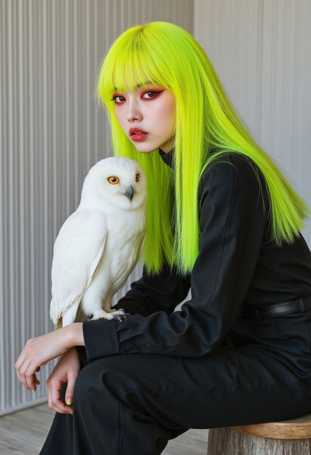 This is a black and white photography featuring a striking, unconventional Closeup portrait. FictionalYoyo with long neon yellow hair styled in blunt bangs, and heavy red eye makeup. She is dressed in a dark, loose-fitting outfit that includes a long-sleeved, high-neck shirt and wide-legged pants, cinched at the waist with a belt. She is seated on a simple, wooden stool with a textured surface, which contrasts with the smooth, minimalist background. In her right hand, she holds a large, white muscular grumpy cute owl perched on her hand. The owl's feathers are meticulously detailed, giving it a lifelike appearance. The background is a plain, textured wall with a subtle, vertical pattern, providing a neutral backdrop that emphasizes FictionalYoyo and the owl. The overall mood of the image is contemplative and surreal, with a focus on her intense gaze and the striking contrast between her dark attire, vibrant hair, and the white owl.