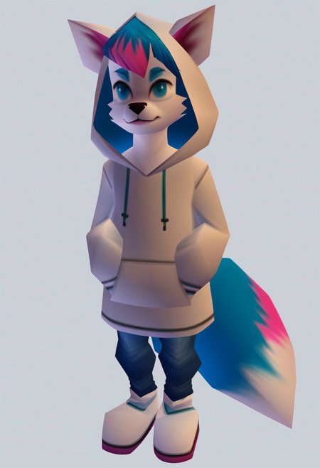 score_9, score_8_up, score_7_up, score_6_up,source_furry,  
n64zeldastyle, 3d, polygonal, white background, full body, face shot, colourful anthropomorphic arctic fox, blue highlights, pink highlights, male, white fur, (1male:1.4), blue eyes, white and blue tail, white oversized hoodie, jeans,