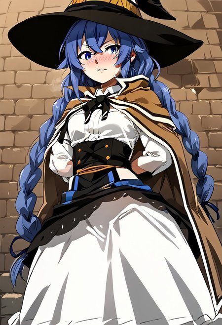 score_9, score_8_up, score_7_up, score_9, score_8_up, score_7_up,Masterpiece,HD,(((HD quality))), (((ultra quality))), hyper ultra detailed, hyper ultra quality,solo,mature female,
<lora:StS_PonyXL_Detail_Slider_v1.4_iteration_3:3>,
Background dungeon, bricks, filth on the walls, anime font,from below, looking at the viewer,indoors,
1girl, detailed, perfect arms, perfect face, perfect hands,alone ,blushed, very blushed,
BREAK
breasts perky,curvy, waist, slim,  perfect anatomy, height, tall,perfect body, 
BREAK
<lora:nomanota:0.9>,
nomanota, roxy, 1girl, blue hair, blue eyes, braid, twin braids, long hair, witch hat, brown cape, skirt dress,