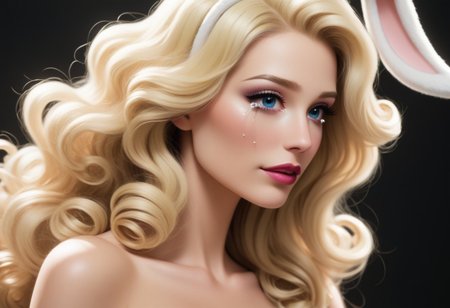 Stunning 28yo bunny Woman, model bombshell, real bunny ears, beautiful, sensual, luxurious elegant long curly blonde hair, cozy vibes, black background, arching back , summer, "sinozick style", "g4n1m3", blue eyes, crying, full body,