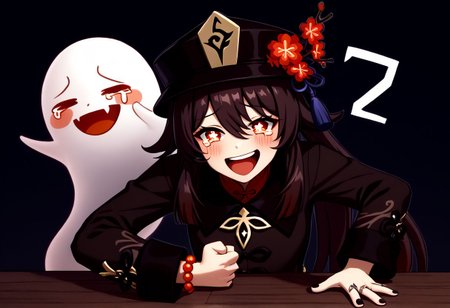 Wheeze, open mouth, tears, laughing, HuTao_DskFll, 1girl, solo, long hair, blush, smile, open mouth, brown hair, shirt, red eyes, long sleeves, hat, hair between eyes, twintails, jewelry, upper body, flower, nail polish, bracelet, symbol-shaped pupils,  black headwear, chinese clothes, ring, red shirt, black nails, beads, ghost, hat flower, bead bracelet, flower-shaped pupils, plum blossoms, hu tao (genshin impact), hand on table, english text, clenched hand BREAK PonyXLV6_Scores
