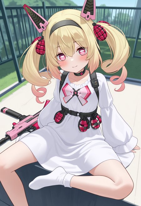 ikinone_tomeru, blonde hair, twintails, hairband, multicolored hair, black hairband, hair ribbon, pink eyes, long hair, gradient hair, headgear, hair between eyes ,drill hair, mechanical ears, white square pupils,
choker, white dress,ong sleeves, grenade, bow, ribbon, official alternate costume, white socks, no shoes,
holding pink weapon,
<lora:ikinone_tomeru_Illustrious-XL_2.0_v1:1>,, IllusP0s,masterpiece, best quality, amazing quality, very aesthetic, absurdres, newest
solo,1girl,, sitting, (dynamic_pose),
 blush,closed mouth,light smile, 
looking at viewer,cowboy shot,
(outdoors,  )