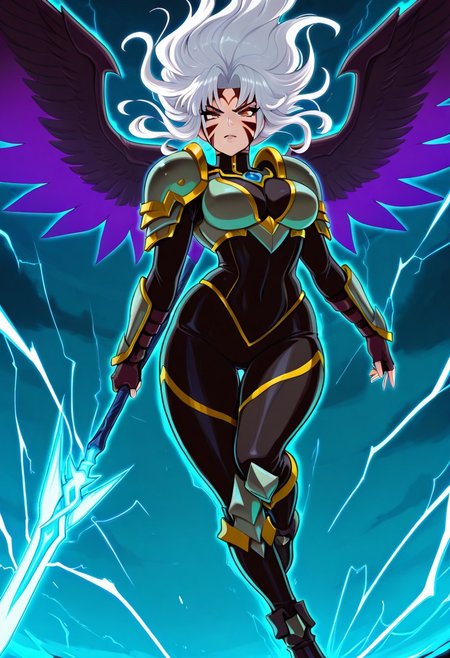 masterpiece, best quality, medium breasts, curvy, 
(dynamic pose, foreshortening), 
zzFierce, facial mark, armor, alternate hair color, alternate costume, alternate eye color, dark persona, tattoo, facial tattoo, shoulder armor,  gloves, white hair, fingerless gloves, boots, aura,
1girl, gothic valkyrie, dark winged armor, long black hair, glowing spear, stormy sky, intense gaze, wings spread wide, battle-ready, mystical lightning strikes in background