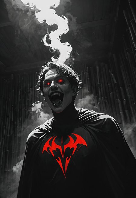 score_9, score_8_up, score_7_up, source_photo, Bamboo steam room atmosphere, vampire, solo, 1boy, fangs, black_hair, ribbon, open_mouth, red_eyes, cape, Wide-angle draped silhouette, rating_safe, <lora:pony\nocturnal_indecent:0.5000000000000001>