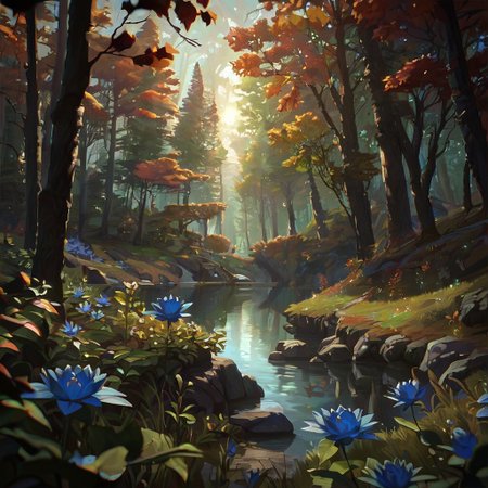 score_9, score_8_up, score_7_up, score_6_up, arkn, detailed drawing, forest, autumn, flowers, beautiful blue pond, grass, early morning, sun rays, dynamic light,