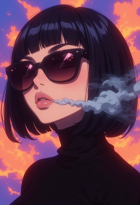 (8k resolution, absolute masterpiece, ultra detailed, best quality, masterpiece, colorful, highest detailed), (intricate details), (dynamic angle), 1 girl, solo, short black hair, bob cut, large sunglasses, smoking a ciggeratte, blowing smoke, closeup, face focus, face, coloured background, wearing a skin tight black turtle neck,