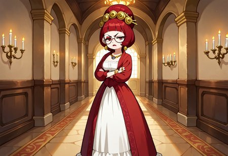 solo, 1girl, red hair, red eyes, round eyewear, round glasses, shortstack, red victorian dress, hime cut, sidelocks, blunt bangs, single hairbun, mature female, milf, medium breasts, petite, puffy sleeves, long sleeves, red lipstick, pantaloons, jewelry, bracelet, necklace, earrings, rings, long skirt, frills, standing, looking at viewer, annoyed, irritated, half closed eyes, arms crossed, belt
indoors, castle hallway, candleabra, soft lighting,