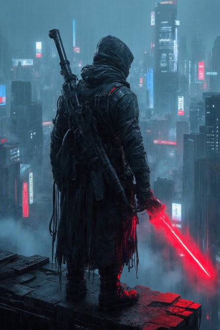 A lone, mysterious warrior standing atop a rain-soaked skyscraper ledge in a sprawling futuristic cyberpunk city, seen from behind, wearing a soaked, weathered cloak with a deep hood hiding their face, heavy rain falling all around, neon city lights reflecting on the wet concrete, the figure carries a massive high-tech sci-fi rifle slung across their back, in their right hand they grip a glowing red plasma sword that illuminates the mist around them, the city below is alive with dense fog, shimmering holograms, bright red and blue neon advertisements, and towering futuristic buildings, vibrant energy streams moving through the skyline, atmospheric perspective with depth of field, cinematic framing, ultra detailed fabric textures, realistic water drops on clothing, reflective puddles on the rooftop, dramatic cold lighting from above, glowing cybernetic enhancements subtly visible under the cloak, moody color grading, futuristic Asian megacity aesthetic, late night stormy atmosphere, high contrast between dark shadows and bright neon highlights, realistic rain particle simulation, gritty cinematic realism, inspired by Blade Runner and Ghost in the Shell, flux style, hyper-realistic rendering, intricate urban environment design, immersive dystopian mood,Cyberpunk Estyle, Painting style 