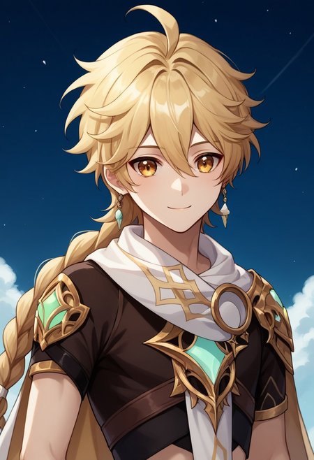 score_9, score_8_up, score_7_up, source_anime, highly detailed, 
traveler, 1boy, male focus, solo, blonde hair, long hair, bangs, hair between eyes, braid, single braid, ahoge, yellow eyes, jewelry, single earring, earrings, shoulder armor, scarf, white scarf, short sleeves, smile, slender, skinny, cape. white cape, upper body,
outdoor,