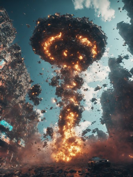 invasion from the sky, floating snake mecha, dense populated,  ((dutch camera worm eye view)), wide angle, chaotic, flying particles, cyberpunk neon environment,destruction smoke and explosion, dystopian futuristic, gritty and grunge, photorealistic, (best quality,masterpiece), ultra high resolution, 4k, highly detailed, epic composition, game splash screen